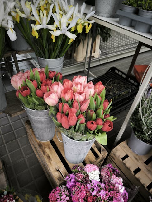 A display of fresh flowers in a garden shop, featuring two galvanized metal buckets filled with pink and red tulips with green stems and leaves, arranged in a compact, rounded bouquet. Behind them, a 