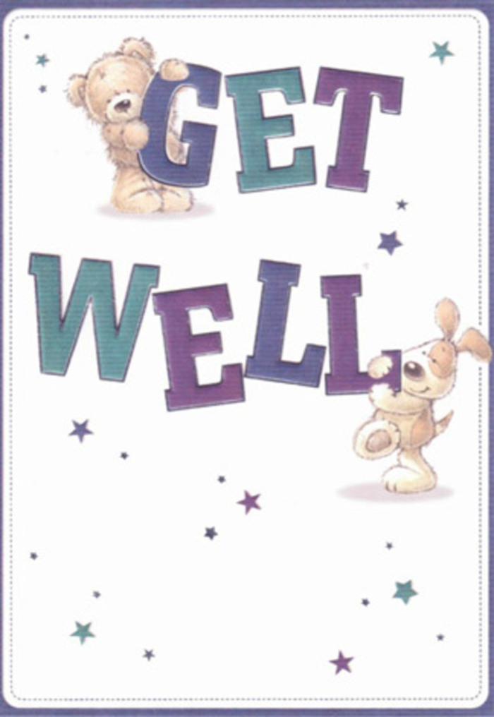 The innocence and sincerity at the heart of this get well card evoke the sentiment of sending brightening bouquets to Hornchurch's cherished friends and family. Illustrations of a soft, wide-eyed teddy bear and a delightful puppy with flowing ears immediately draw the eye, each character in the midst of a heartfelt exchange. Their collaboratively held 'Get Well' message, in bold, jubilant purple and teal, is accentuated by a constellation of stars dancing across a soft white field-reminiscent of wishes carried in the breeze along Hornchurch's vibrant high street. The bear's gentle hold on the text, paired with the dog's playful nudge, create a visual suggestion of buoyancy and embrace, much like the spirited arrangements crafted by Flower Delivery Hornchurch for every patient and neighbour across RM12. Stroke by stroke, the fur's fluff and the puppy's thick, tactile ears appear almost touchable, lending a sense of presence and reassurance to the design. Every element, from the confident typography to the lively background, merges into a tableau of care and encouragement-a perfect visual companion to a locally delivered get well bouquet, destined to bring joy and support to those on the mend across Hornchurch.