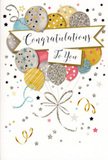 This image presents an artfully designed congratulations card that captures the feeling of a joyful celebration in Hornchurch, translated into gentle colours and shimmering details. The focus is a bouquet of illustrated balloons that appears to float upward from the lower edge of the card, as though rising into soft afternoon light above the local streets. The balloons are generously rounded and arranged in a relaxed cluster, overlapping in places to create a sense of depth and movement. Their colour palette blends brushed gold, bright silver, delicate champagne, airy blue, blush pink, and soft grey, giving a refined yet playful look reminiscent of an elegant party at a home near Upminster Bridge. Each balloon is adorned with a unique pattern: some sparkle with tiny printed stars, others carry graceful stripes, and a few are dusted with fine, glitter-like markings that suggest a touch of luxury. From their bases trail slender ribbons in metallic gold and silver, looping and curling across the design with a rhythm that feels almost musical. Scattered around the balloons, petite stars, confetti dots, and ribbon-like flourishes drift across a pale, luminous background, evoking the joyful mess that lingers after a round of toasts and cheers. Across the middle of the card, a softly curved banner unfurls, bearing the elegantly scripted message Congratulations To You in flowing calligraphy that radiates affection and pride. The entire design hints at a subtle foil sheen, inviting both the eye and the fingertips, much like the quality finish chosen for special cards accompanying flower deliveries throughout Hornchurch. The mood is light, radiant, and full of heartfelt appreciation, making this card a fitting partner for bouquets given in honour of exams passed, new jobs secured, promotions earned, or any treasured achievement in the local community.